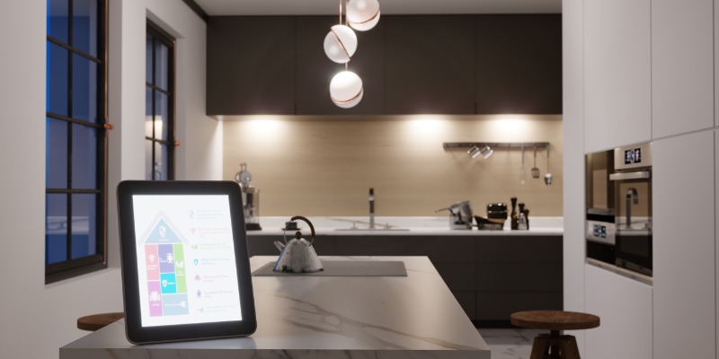 Smart home thermostat on kitchen counter